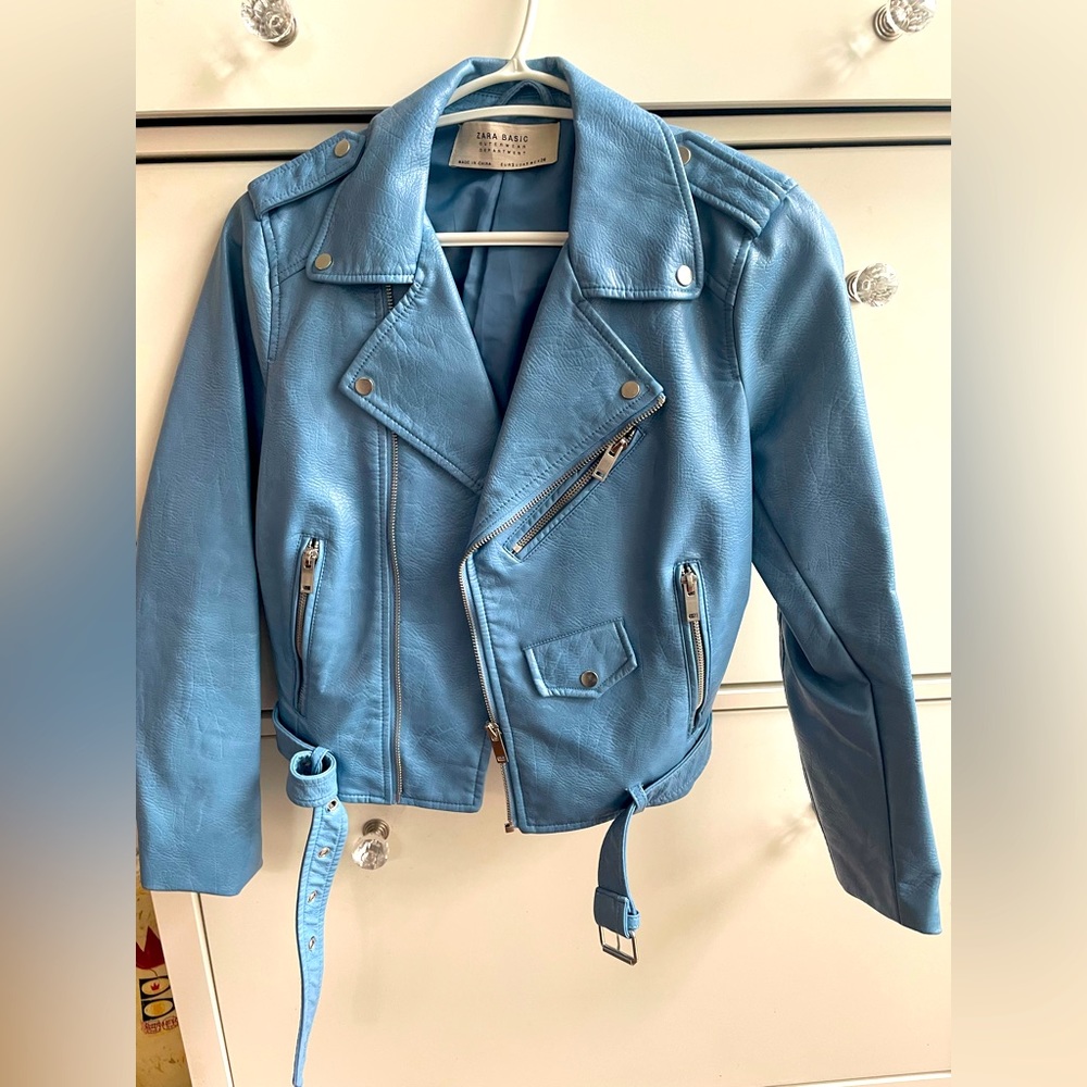 Zara vegan leather baby blue moto jacket